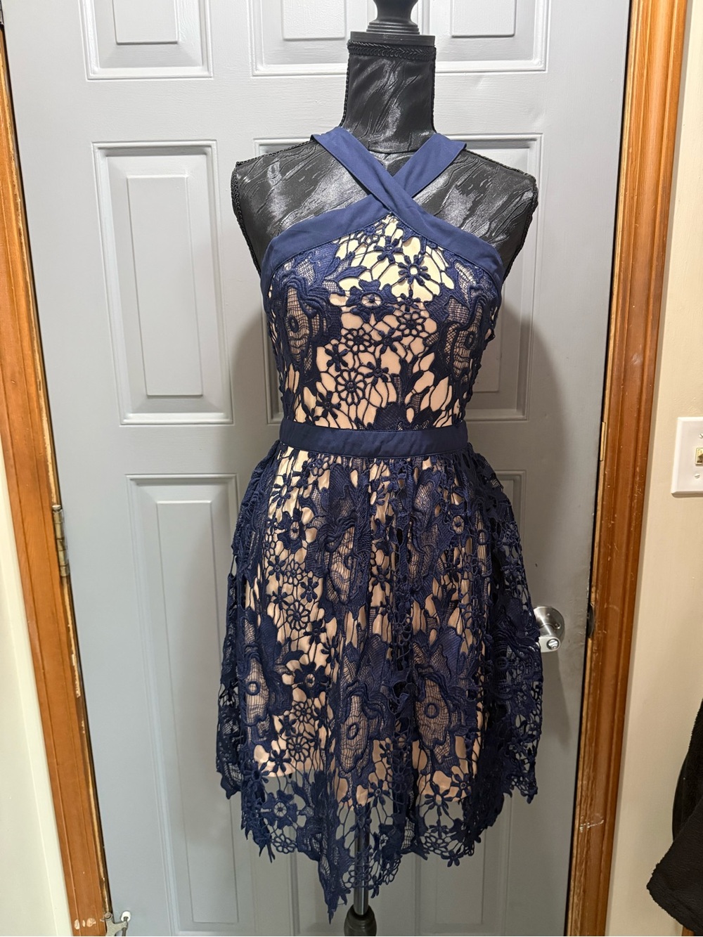 Francesca's- Navy Lace Crisscross Halter Mini Dress with Nude Lining (small)NWT
